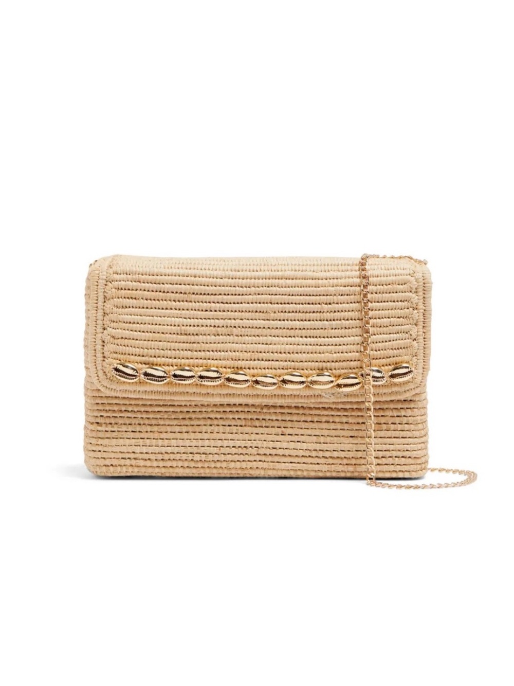 Poolside Gold Chain Women's Clutch Beige Seashell Raffia Crossbody $255 Retail